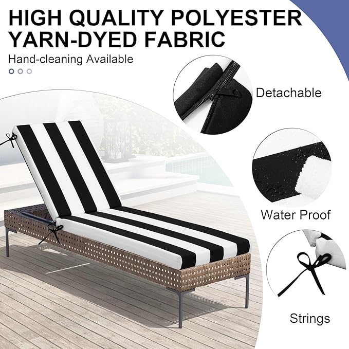 Crestlive Products Chaise Lounge Cushions Set of 2, Outdoor Cushions for Patio Furniture, Water Resistant Lounge Chair Cushion for Pool, Deck, Lawn, 80''L x 21''W, Black White Stripe