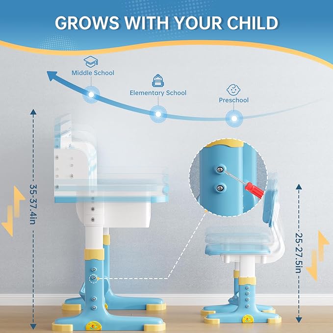 Kids Desk and Chair Set, Height Adjustable Child's School Study Writing Tables, Kids Desk with Bookstand and Storage Drawer, Widened Desktop with Desktop for Boys and Girls