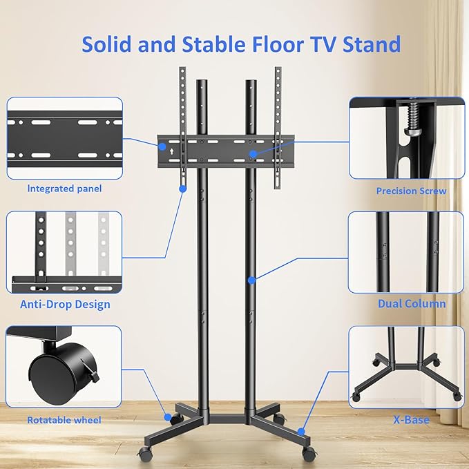 Rolling TV Stand for 32 to 65 inch TVs up to 88 lbs, Mobile TV Cart with Lockable Wheels, Height Adjustable, Max VESA 400x400mm, Portable Mobile TV Stand for Bedroom, Office, Outdoor, Black