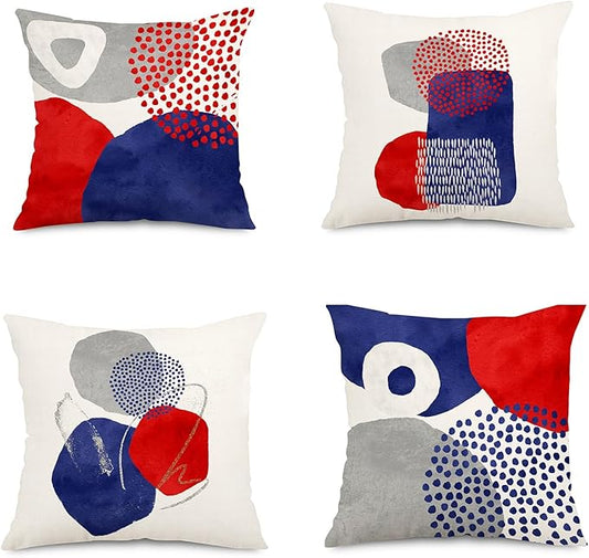 Jartinle 4th of July Pillow Covers 18x18 Set of 4 Patriotic Red White & Blue Abstract Throw Covers, Geometric Memorial Day Independence Decor for Couch, Sofa Home Outdoor Decorations