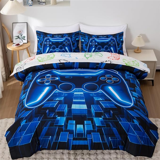 NTBED 5pcs Game Console Comforter Set for Boys Girls Kids 3D Gaming Block Bed in a Bag Lightweight Microfiber Gamer Bedding Sets (Blue, Twin)