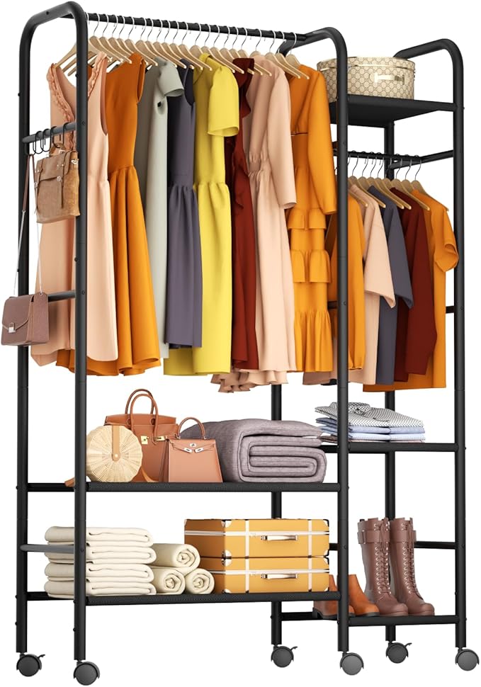 Portable Closets For Hanging Clothes,Wardrobe Closet Racks For Hanging Clothes,Sturdy Clothes Rack Heavy Duty,5-Tier Metal Freestanding Clothing Racks With Shelves, 45" X 16" X 69"