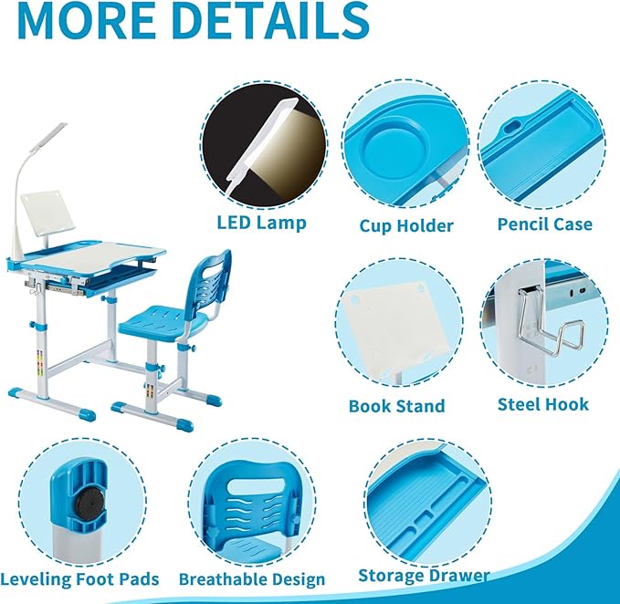 Diroan Kids Functional Desk and Chair Set, Ergonomic Height Adjustable Children School Study Desk with Tilt Desktop, Book Stand, LED Light, Metal Hook and Storage Drawer for Boys Girls(Blue)