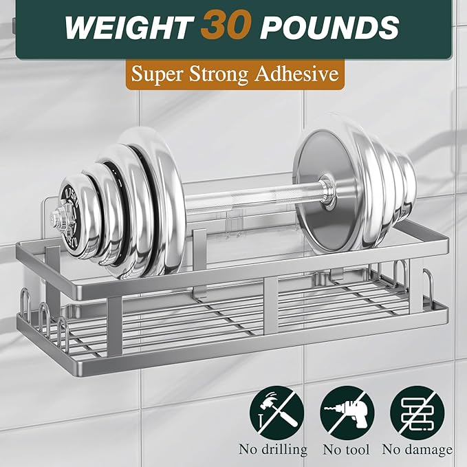 Shower Caddy Adhesive,No Drill Bathroom Organizer,Large Capacity Rustproof Shelves for Inside Shower,Bathroom Organizers and Storage,Silver