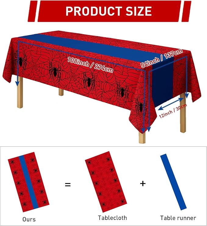 16Pcs 2in1 Spider Birthday Party Decorations Tablecloth, 54" x 108" Super Hero Table Cloth Disposable Rectangle Plastic Table Cover for Kids Baby Shower Wedding Party Supplies