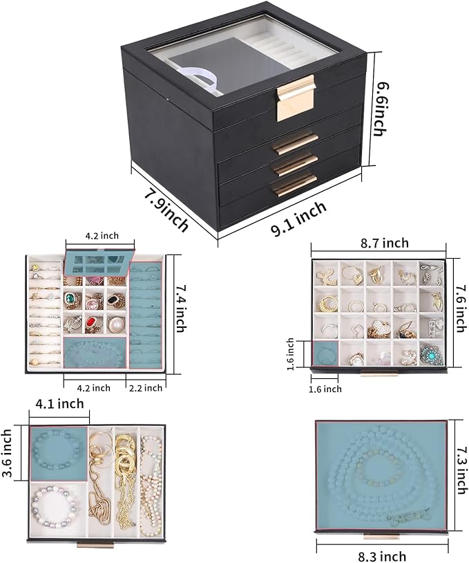 BOOVO Clear Lid Jewelry Box,4 Layers Jewelry Organizer Large Jewelry Storage Box with 3 Drawers,Jewelry Holder Organzier of Rings Earrings Necklace Bracelets for Women (Black, 4 Layer)