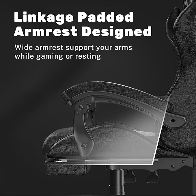 Gaming Chair with Footrest, High Back Ergonomic Computer Gamer Chair with Headrest and Lumbar Support, Racing Style Reclining Game Chair for Adults, Kids (Black)