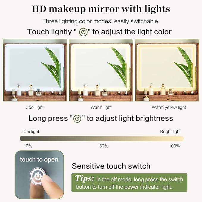 Large Vanity Desk with 3 Color Touch Screen Dimming Mirror, Vanity Desk with Charging Station, Modern Retractable Makeup Dressing Table, Makeup Table With storage shelves and 5 Sliding Drawers, Walnut