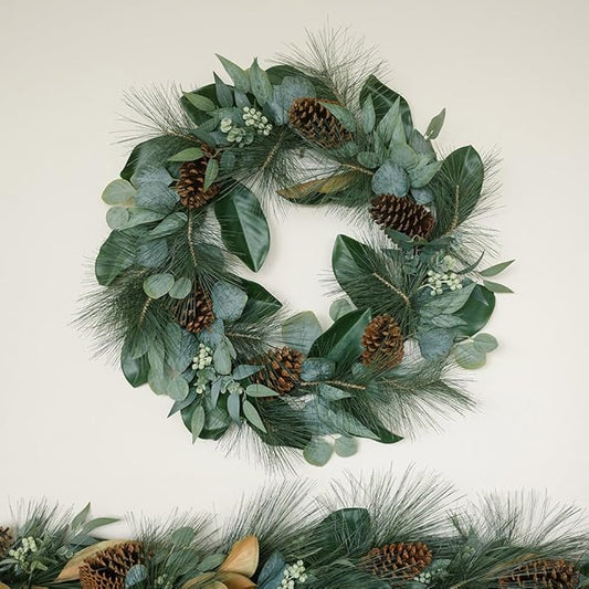 CG Hunter Holiday Collection Faux Wreath, Premium Artificial Indoor and Outdoor Large 28" Magnolia, Eucalyptus, Pinecone, Needle Pine Christmas Wreath, Christmas Decorations and Holiday Greenery