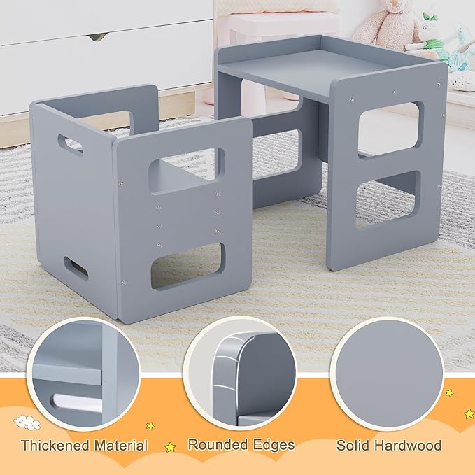 Montessori Weaning Table and Chair Set for Toddler and Baby, Kids Table and Chair Set- Solid Wood Toddler Furniture with Adjustable Height, Step Stool, for 1-3 Year Old Kids - Grey