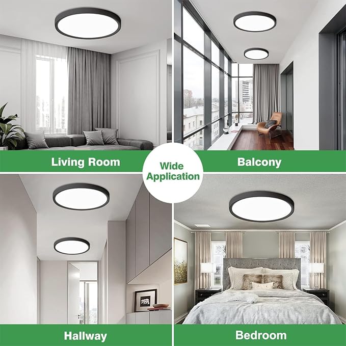 24 Inch Large LED Flush Mount Ceiling Light, 50W,5480LM, 3000K/4000K/6000K CCT Selectable, Black Round Flat Panel Low Profile Ceiling Light Fixtures for Hallway, Kitchen, Bedroom, Laundry Room