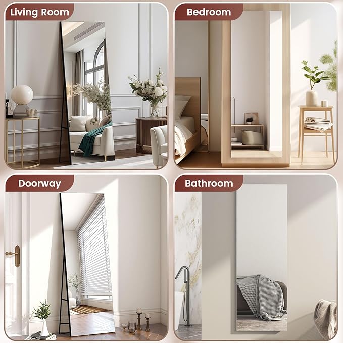 56x18 Frameless Full Length Silver Coating Mirror w/Distortion Free, HD Reflection &Anti Desilvering, Tempered Glass & Shatter Proof Film Doubling Safety, Easy Setup w/Stand, Wall/Standing