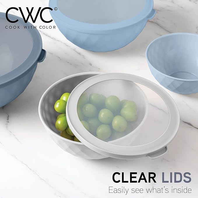 COOK WITH COLOR Mixing Bowls with Lids - 12 Piece Plastic Nesting Bowls Set includes 6 Prep Bowls and 6 Lids, Diamond Design - Microwave Safe (Mint)