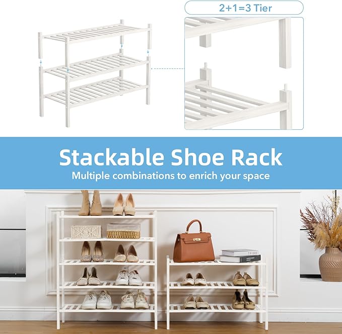 3 Tier Bamboo Shoe Rack Storage Organizer for Closet, Multifunctional Stackable Free Standing Shoe Shelf Organizer for Small Space,Entryway, Hallway, Bathroom27 x11 x20 (White, 3 Tier)