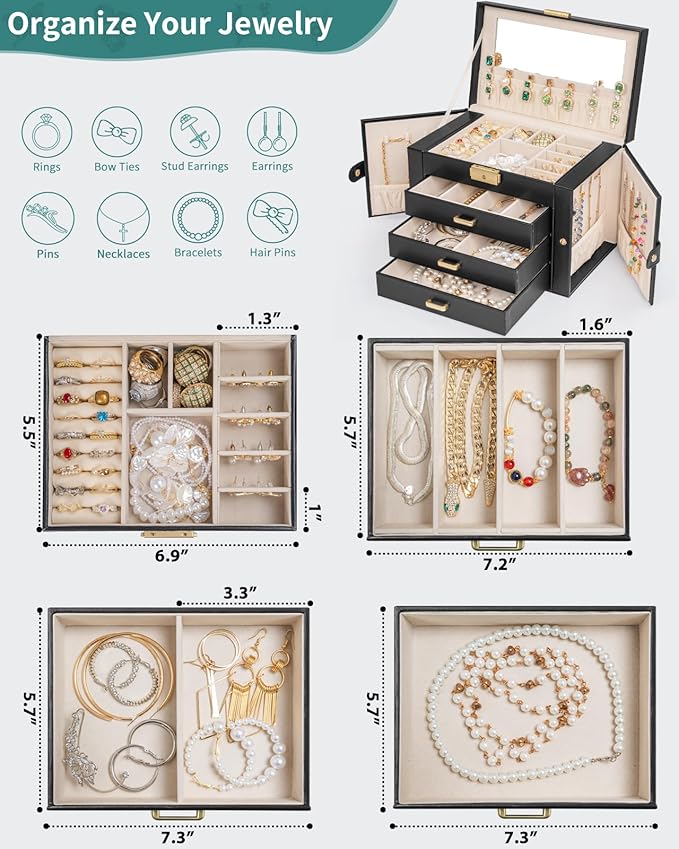 AKOZLIN Large 4-Tier Jewelry Box Leather Jewelry Storage Organizer with 3 Drawers Lockable for Women Girls Ring Necklace Earring Bracelet Watches Holder with Mirror Black
