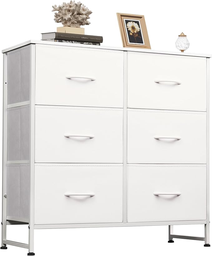 WLIVE White Dresser for Bedroom, 6 Drawer Double Dresser, Fabric Storage Tower with Fabric Bins, Chest of Drawers for Closet, Living Room, Hallway