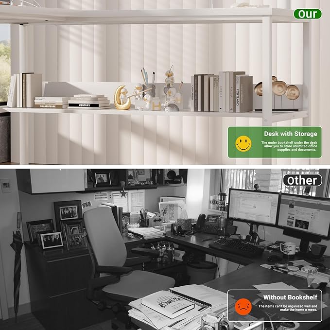 Unikito Reversible L Shaped Computer Desk with Magic Power Outlets and USB Charging Ports, Sturdy Corner Desk with Storage Shelves, Durable Work Desk for Home Office, Easy to Assemble, White