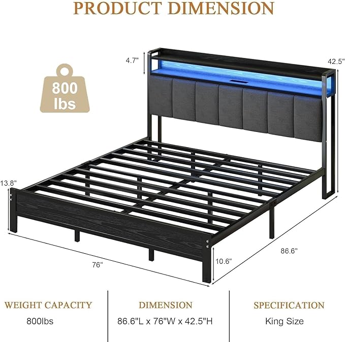 King Bed Frame with LED Lights and Charging Station, Metal Platform Bed Frame King with Upholstered Storage Headboard, Heavy Duty Metal Slats, No Box Spring Needed, Easy Assembly, Dark Grey