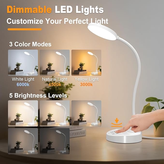 15W LED Desk Lamp with USB Charging Ports – Dimmable Table Lamp with 3 Color Temps, 5 Brightness, 4 Timers, Flexible Gooseneck Light with Base, Eye-Caring Reading Light for Home Office, Bedroom, Study