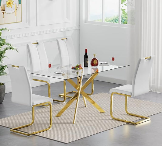 Goujxcy Gold Dining Table Set for 4, Glass Kitchen Table with Chair Set, Modern 51" Rectangle Glass Dining Table and 4 White PU Leather Chairs with Metal Frame for Kitchen Dining Room