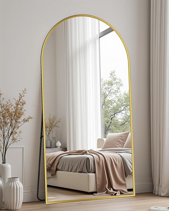 Full Length Mirror with Stand, 82"x44" Arched Full Body Mirror, Large Stand Up Mirrors, Aluminum Frame Floor Standing Mirrors, Freestanding Hanging Leaning Mounted for Bedroom Living Room Gold