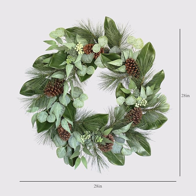 CG Hunter Holiday Collection Faux Wreath, Premium Artificial Indoor and Outdoor Large 28" Magnolia, Eucalyptus, Pinecone, Needle Pine Christmas Wreath, Christmas Decorations and Holiday Greenery