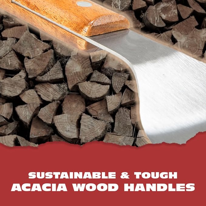 BBQ-AID Pro BBQ Metal Spatula - 17" Barbecue Spatula Stainless Steel with Serrated Knife Edge - Acacia Wood Handle - Heavy Duty Built to Last