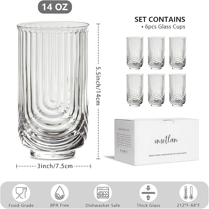 INSETLAN Set of 6 Water Drinking Glasses, Arch Design Cocktail Glasses, Vintage Glassware, Collins Glass Cups for Coffee, Wine, Whiskey, Juice, Housewarming Presents, New House Essentials