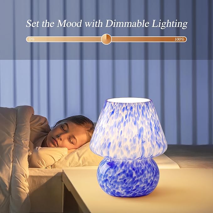 Mushroom Table Lamp, Ocean Blue Translucent Glass - Cute Mid-Century Modern Bedside Light, Nightstand Lamp for Bedroom & Living Room - Nordic Coastal Aesthetic Home Decor with Sleek Design