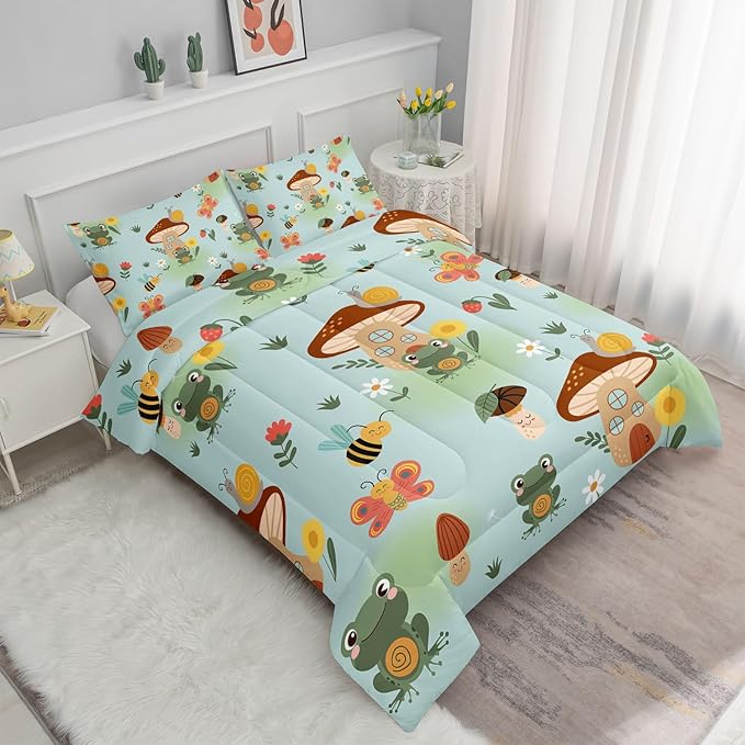 Cartoon Mushroom House Kids Comforter Bedding Set for Boys Girls, Green Grassland and Cute Frog Bee Print Comforter with 2 Pillowcases(Mushroom House Full)