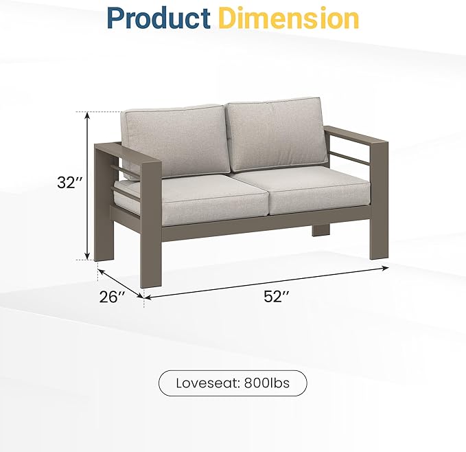 Wisteria Lane Patio Furniture Metal Loveseat, Metal Outdoor Chairs with Upgraded Cushions, All-Weather Outdoor 2 Seats Sofa Couch for Balcony, Garden, Deck, Backyard, Khaki