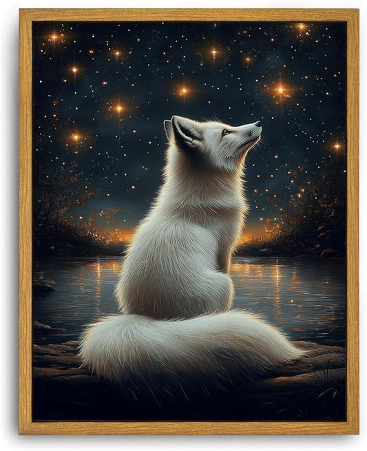 Djmwtb Framed Vintage Wall Art, White Fox Wall Decor,Starry Night Landscape Paintings for Bedroom, Woodland Animal Canvas Pictures Artwork Prints for Living Room 16x24in