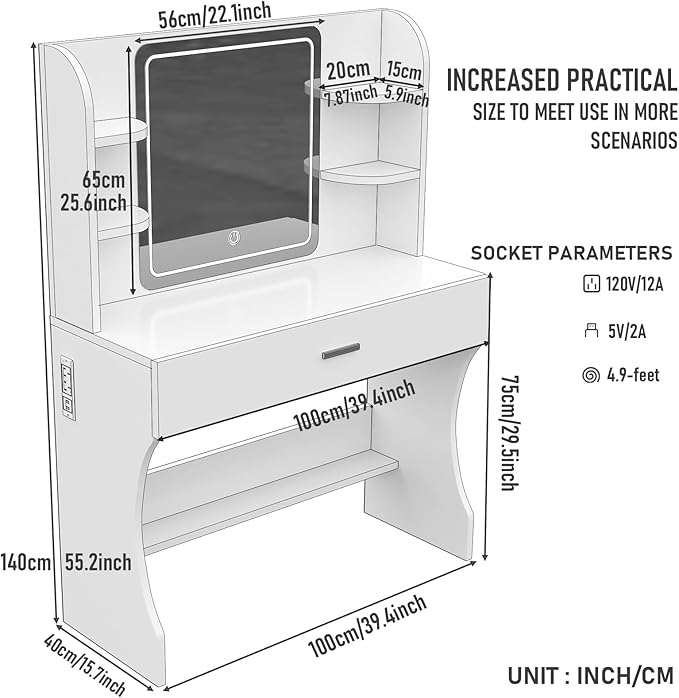 Vanity Desk, Makeup Vanity with Mirror and Lights, White Makeup Vanity Table with Big Drawer, Power Outlet, Stronger Links, for Bedroom, Dressing Room