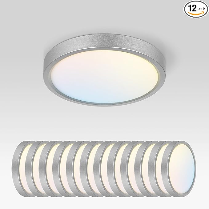 ASD LED 7" Round Flush Mount Ceiling Light Fixture, Low Profile Surface Lighting | 5CCT, Dimmable, Ultra-Thin, ETL Listed | 15W 1260LM 2700-6000K 120V | Kitchen, Hallway Lamp | Nickel, 12 Pack