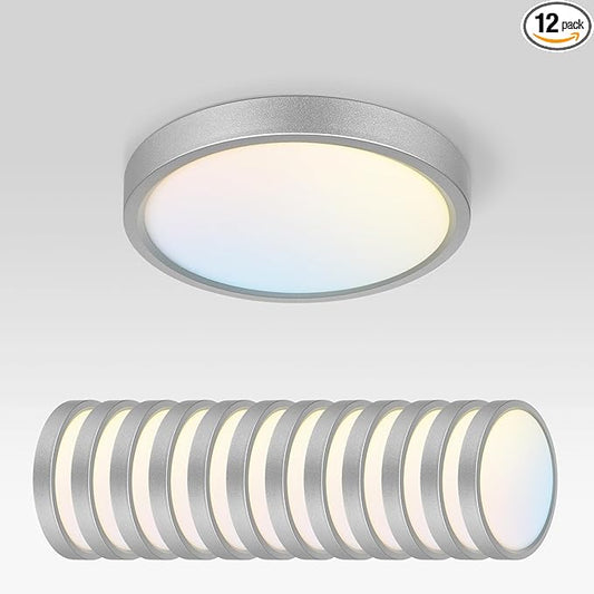 ASD LED 7" Round Flush Mount Ceiling Light Fixture, Low Profile Surface Lighting | 5CCT, Dimmable, Ultra-Thin, ETL Listed | 15W 1260LM 2700-6000K 120V | Kitchen, Hallway Lamp | Nickel, 12 Pack