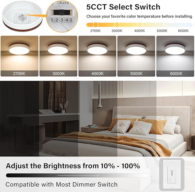 LED Ceiling Light Dimmable, White and Wood Flush Mount Ceiling Light Fixture 5CCT in One, Minimalist Round Ceiling Lamp Modern Lighting for Kitchen, Bedroom, Hallway, Laundry Room, 11.8 Inch