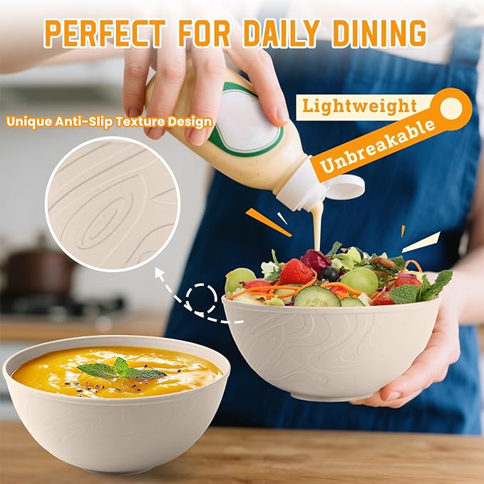 Homienly Wheat Straw Bowls for Kitchen, Bowl Set with Unique Texture 6 PCS, 40 OZ Large Capacity Bowls for Salad, Cereal, Soup, Popcorn, Ramen, Microwave and Dishwaher Safe, Outdoor Safe - Beige