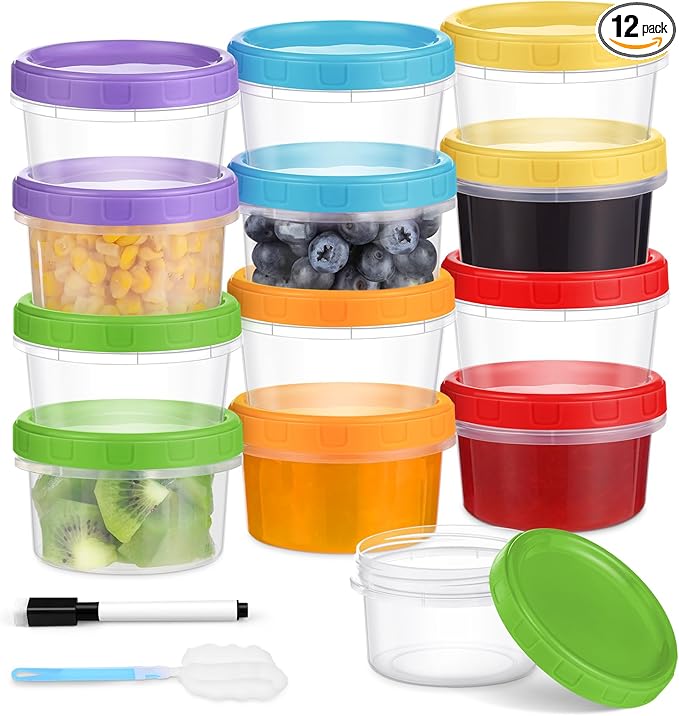 8 oz Plastic Containers with Lids, 12 Pack Stackable Small Freezer Container, Reusable Clear Food Storage Meal Prep Containers for Snack Fruit, Microwave & Dishwasher Safe, with Pen & Brush