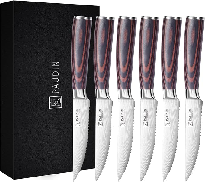 PAUDIN Steak Knives Set of 6, Kitchen Steak Knife 4.5 Inch, High Carbon Stainless Steel Steak Knives, Serrated Steak Knife with Pakkawood Handle, Dinner Knives with Gift Box