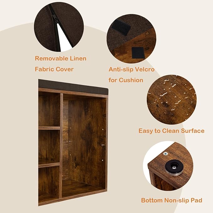 DINZI LVJ Shoe Storage Bench with Cushion, Cubby Rack with 9 Cubbies, Adjustable Shelves, Multifunctional Organizer Bench for Entryway, Mudroom, Hallway, Closet and Garage, Rustic Brown