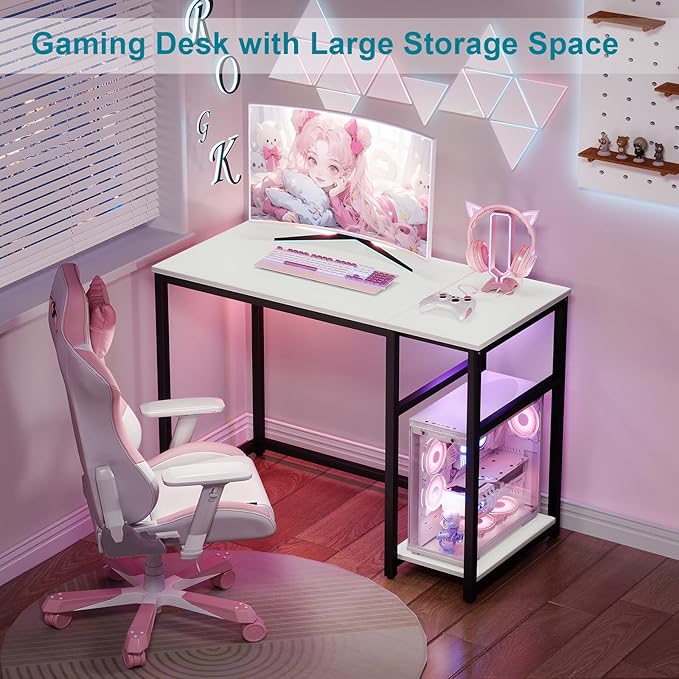 SINPAID Computer Desk 47 inches with 2-Tier Shelves Sturdy Home Office Desk with Large Storage Space Modern Gaming Desk Study Writing Laptop Table, White Desk