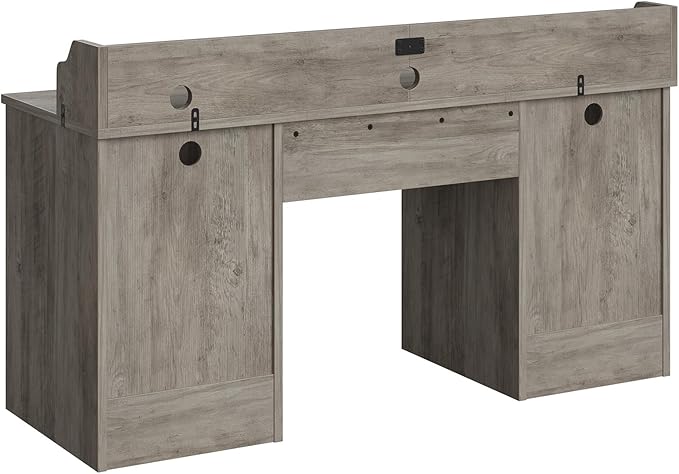 Bestier Farmhouse 59" Executive Desk with Drawers, Wood Computer Desk with Charging Station, Home Office Desk with Keyboard Tray & Monitor Stand, Sturdy Pedestal Desk for Work Study, Grey