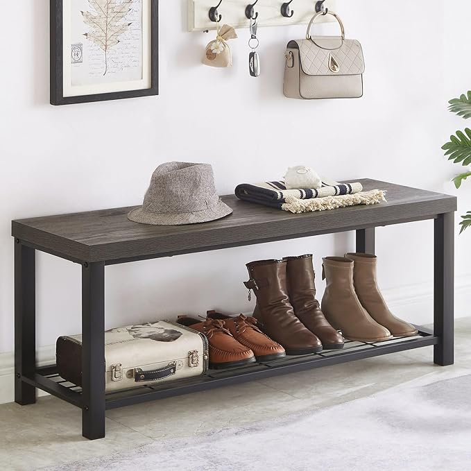 EXCEFUR Entryway Bench, Industrial Metal and Wood Storage Bench for Living Room, Indoor Shoe Rack Bench Seat, 43.3 Inch Grey