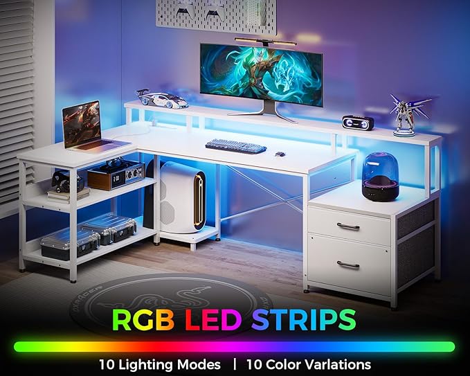 ODK L Shaped Desk with File Drawer, 66" Reversible L Shaped Computer Desk with Power Outlet & LED Strip, Home Office Desk with Storage Shelves, Gaming Desk with Monitor Shelf, Corner Desk, White