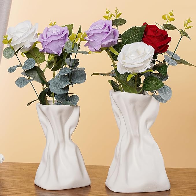 Paper Bag Vase Set of 2, White Ceramic Vases, Flower Vases, Aesthetic Minimalist Boho Vase for Modern Trendy Home Room Table Centerpiece Decor