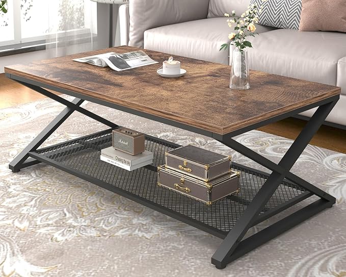 LVB Rustic Coffee Table with Storage, Industrial Wood Metal 2 Tier Center Living Room Table with Mesh Shelf, Farmhouse Wooden Low Rectangle Cocktail Tea Table for Office Bedroom, 47 inch, Rustic Brown