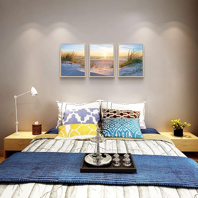 Natural Wood Framed Wall Art for Living Room and Bedroom - Large Size Sun Blue Beach Pictures - Office and Home Decor - Ocean Paintings Set of 3 Piece Framed Art Prints