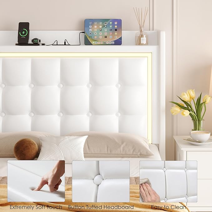 Keyluv Upholstered Twin Floating Bed Frame with LED Lights and Charging Station, Pu Leather Platform Bed with Button Tufted Storage Headboard, Type-C & USB Charging Ports, No Box Spring Needed, White