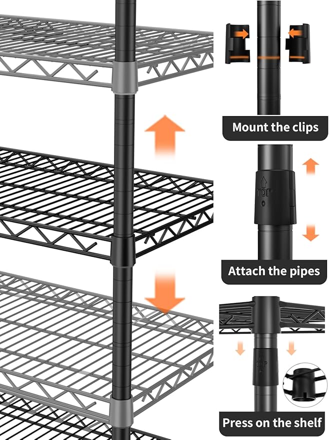 5 Tier Adjustable Storage Shelves Heavy Duty Metal Utility Shelf 1750LBS Capacity Wire Shelving Unit Organizer Rack for Home Kitchen Garage Pantry Room 18" D x 46" W x 77" H Black