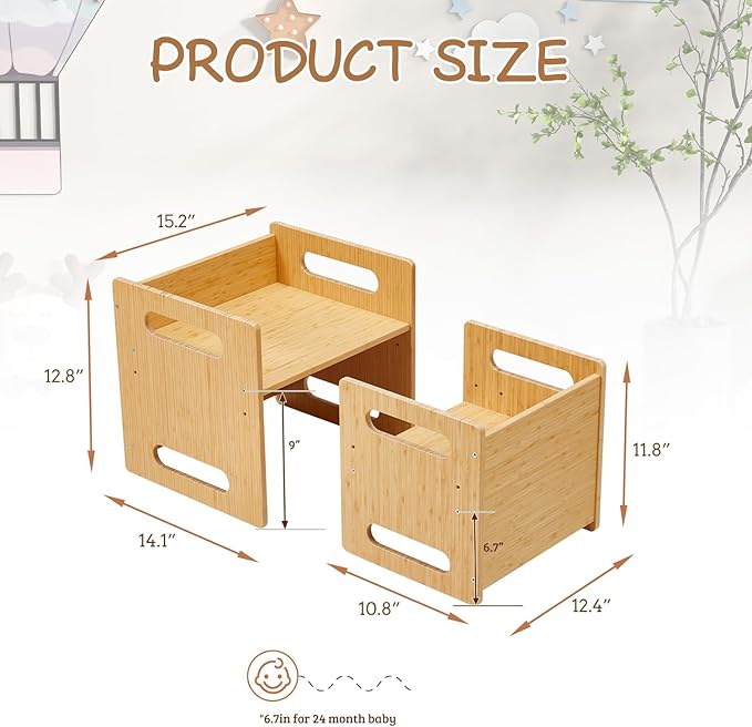 Montessori Table and Chair Set,Bamboo Wood Weaning Table and Chair Set,Kids Montessori Furniture for Reading,Dining,Playing